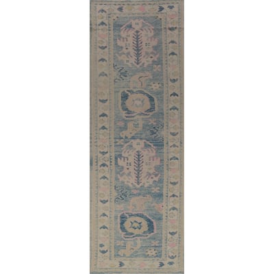 Hand Knotted Oriental 100% Wool Carpet Transitional Geometric Navy Blue & Blues Oushak Runner Rug - 12' 2'' X 3' 3''