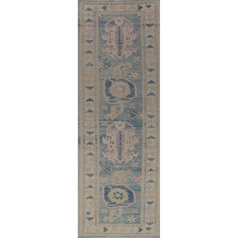 Hand Knotted Oriental 100% Wool Carpet Transitional Geometric Navy Blue & Blues Oushak Runner Rug - 12' 2'' X 3' 3''