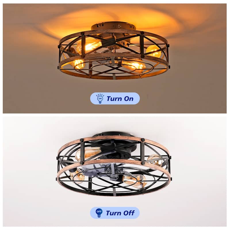 20 inch Flush Mount Ceiling Fan Light with Remote Caged Farmhouse Fandelier Black Wood Low Profile