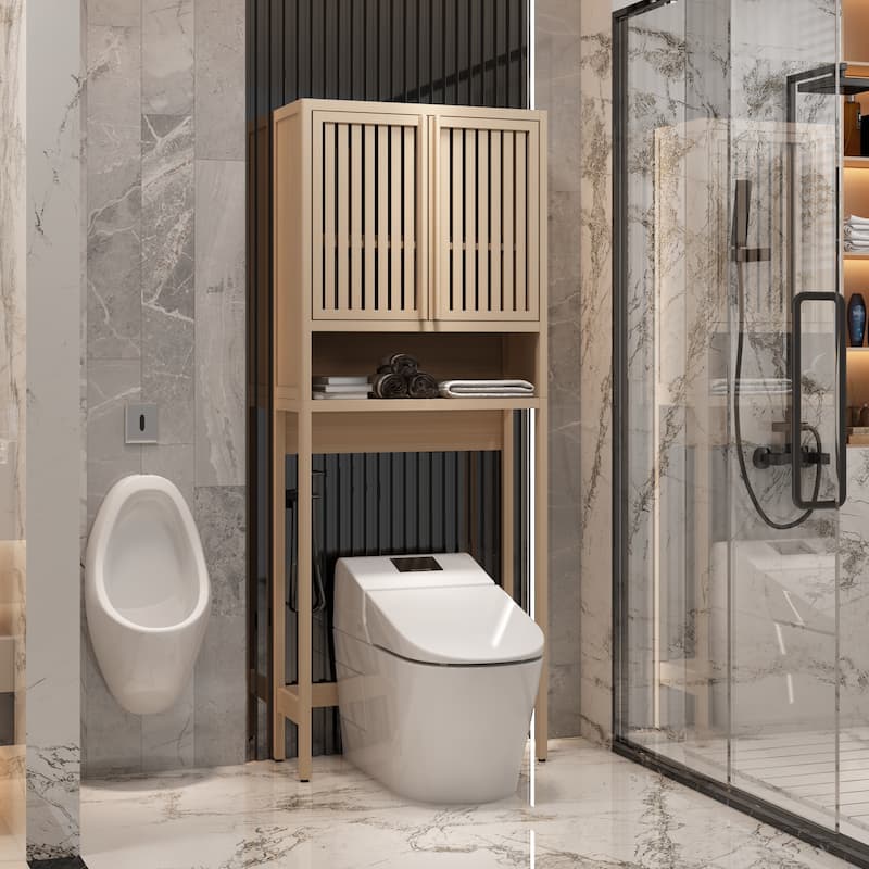 Over the Toilet Storage, 65" Tall Natural Bamboo Bathroom Shelf Organizer with 2 Door