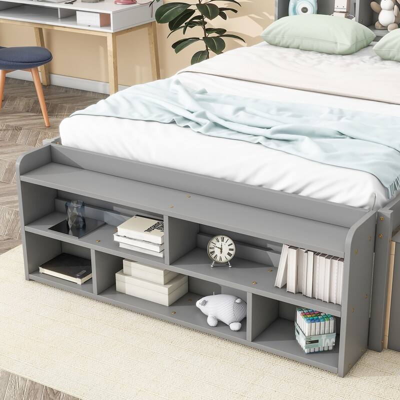 Full Bed with Bookcase Headboard Under bed Storage Drawers and Bed End Storage Case