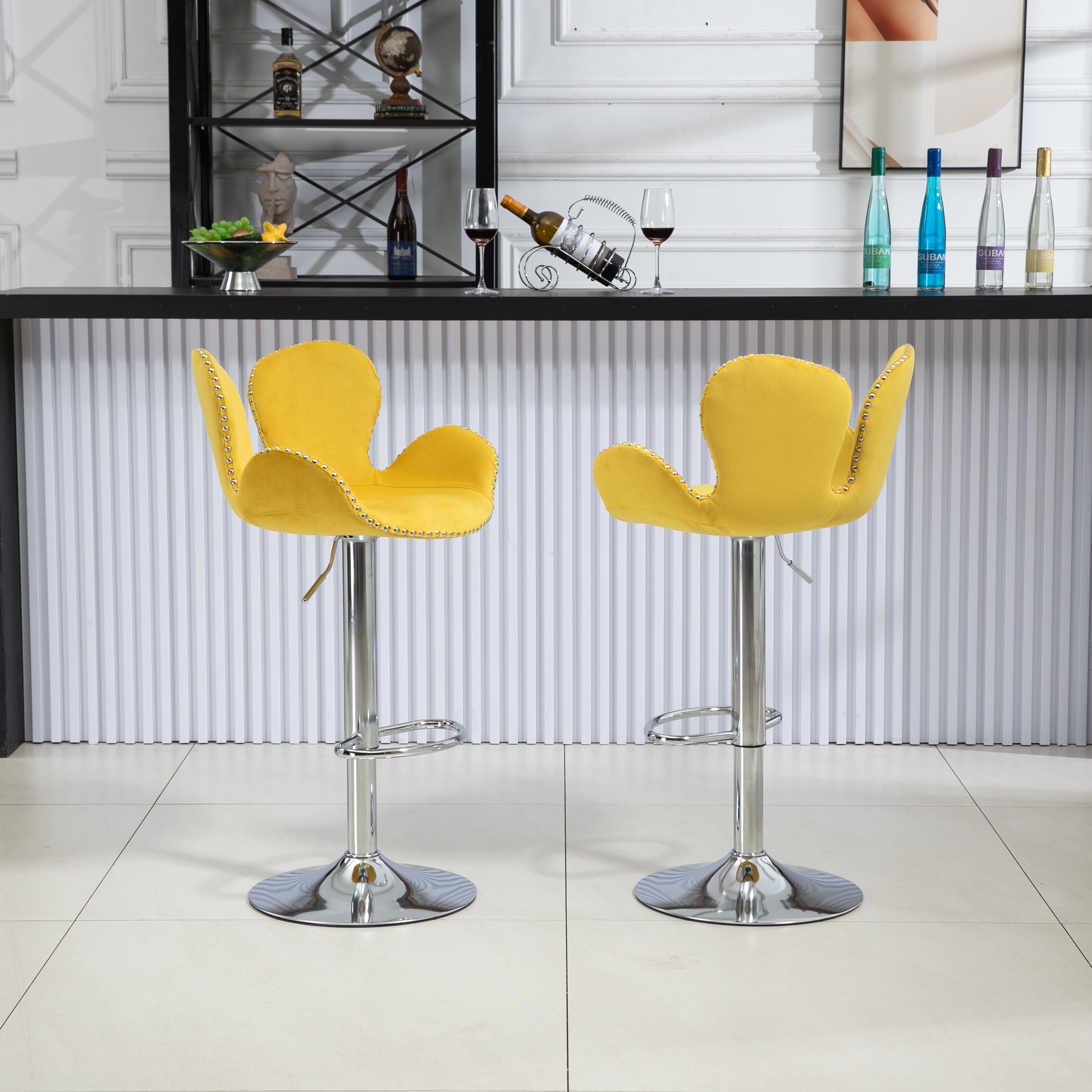 2pcs Swivel Bar Stools Adjustable Counter Height Yellow Bar Chairs