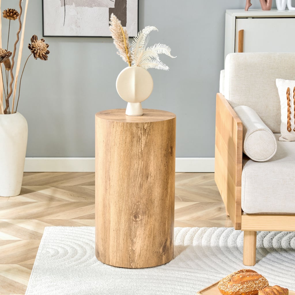 Roomfitters Wood Grain Cylindrical Coffee Table, 21.6 Height, Natural Wood Tone MDF Side Table, Minimalist Side Furniture"