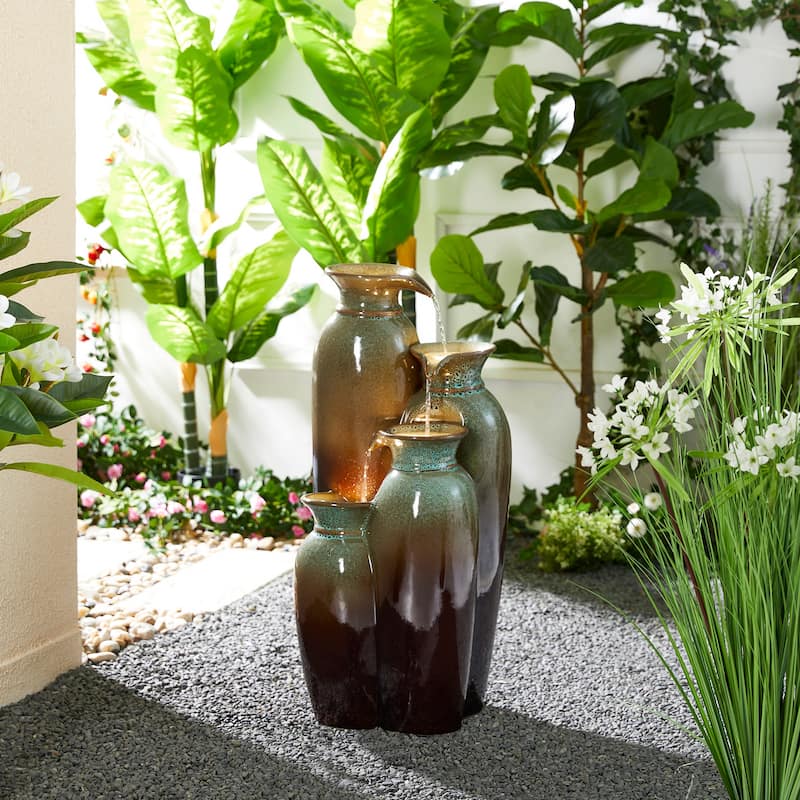 Glitzhome 30.75"H 4-Tiered LED Lighted Ceramic Vase Outdoor Floor Fountains