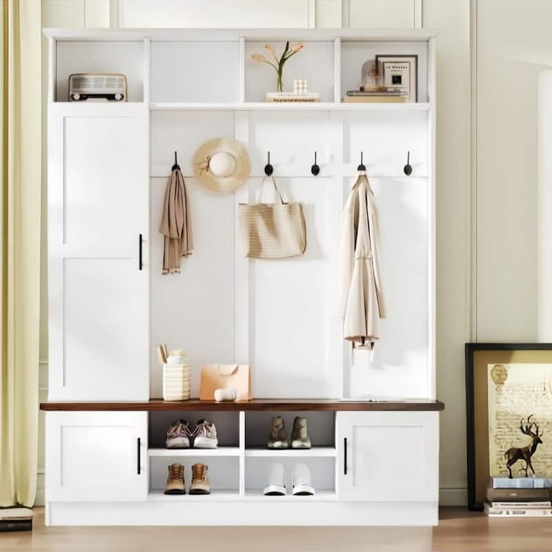 Versatile 3-in-1 Hall Tree with 6 Hooks, Farmhouse Walnut Storage Bench with Adjustable Shelves
