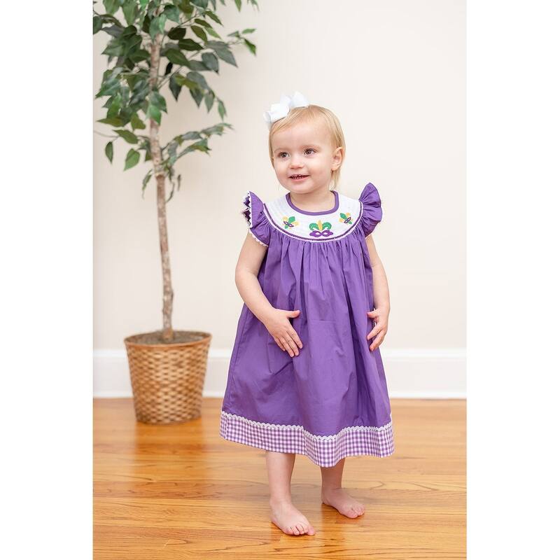 Lil Cactus Purple and Gingham Mardi Gras Smocked Bishop Dress