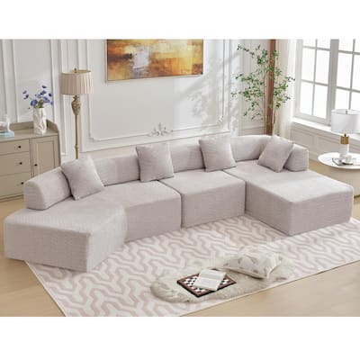 Modern Minimalist 140" L-Shape Gray Polyester Modular Sofa, No Assembly Required