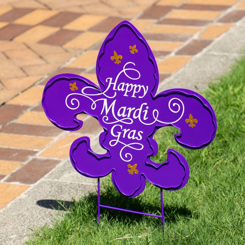 Glitzhome 24"H Mardi Gras Metal Fleur-de-Lis Yard Stake