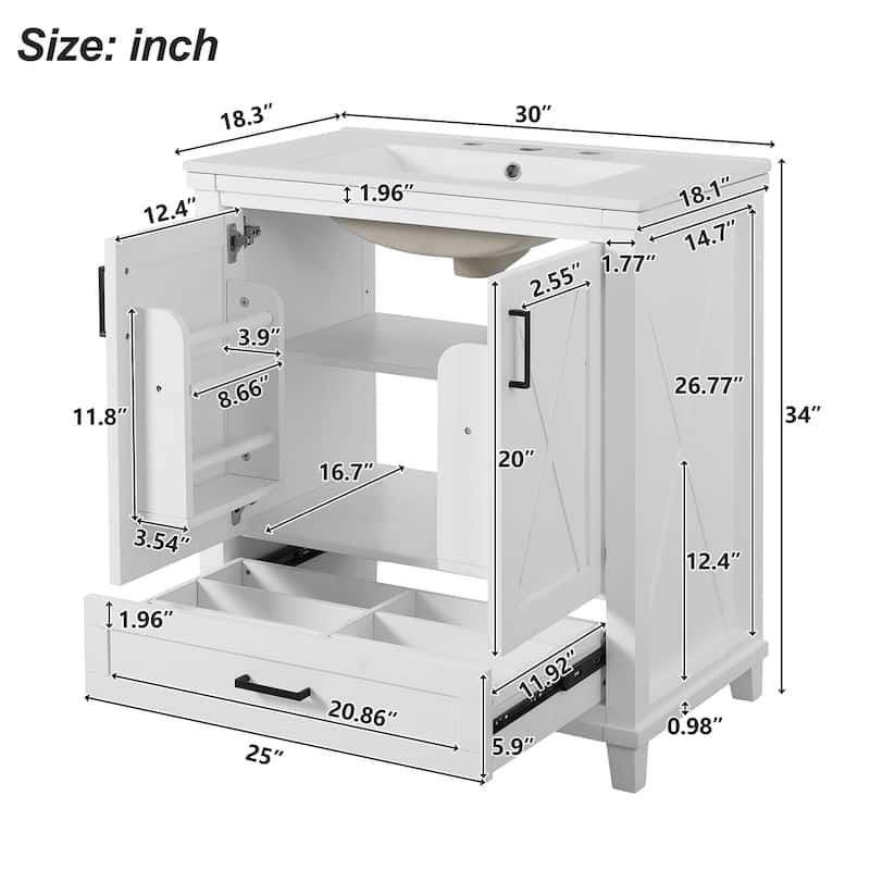 30" Modern Bathroom Vanity with Single Sink, Solid Wood Frame, Soft-Close Doors, and Storage Shelves