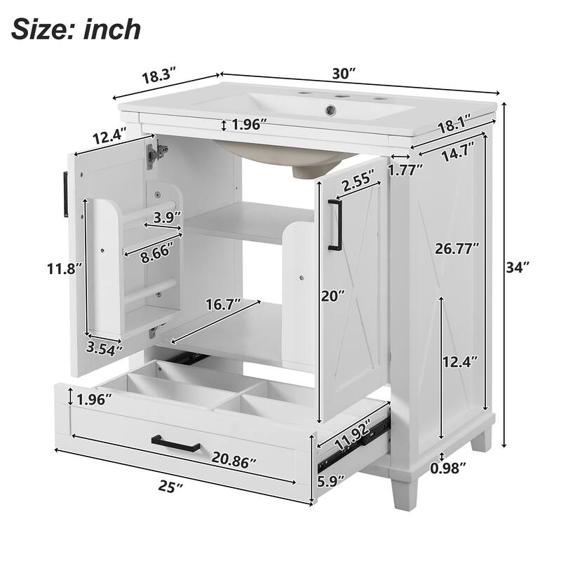 Bathroom Vanity with Sink, Freestanding Bathroom Storage Cabinet, Bathroom Cabinet with 2 Soft-Close Doors & 1 Divided Drawer