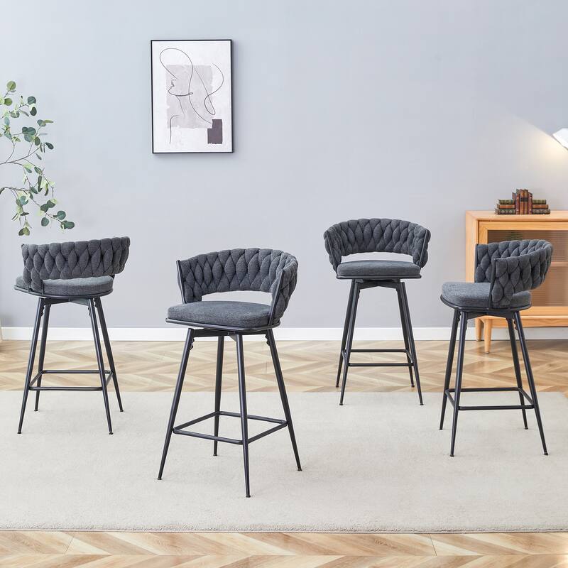 Set of 4 Swivel Bar Stools with Linen-Cotton Seats, 300lb Capacity Heavy Duty Iron Frame - Blackish Gray