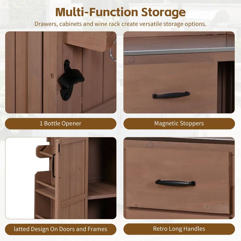 Roomfitters Outdoor Grill Cart and Kitchen Island, Stainless Steel Top, Portable Potting Bench with Storage, Wheels