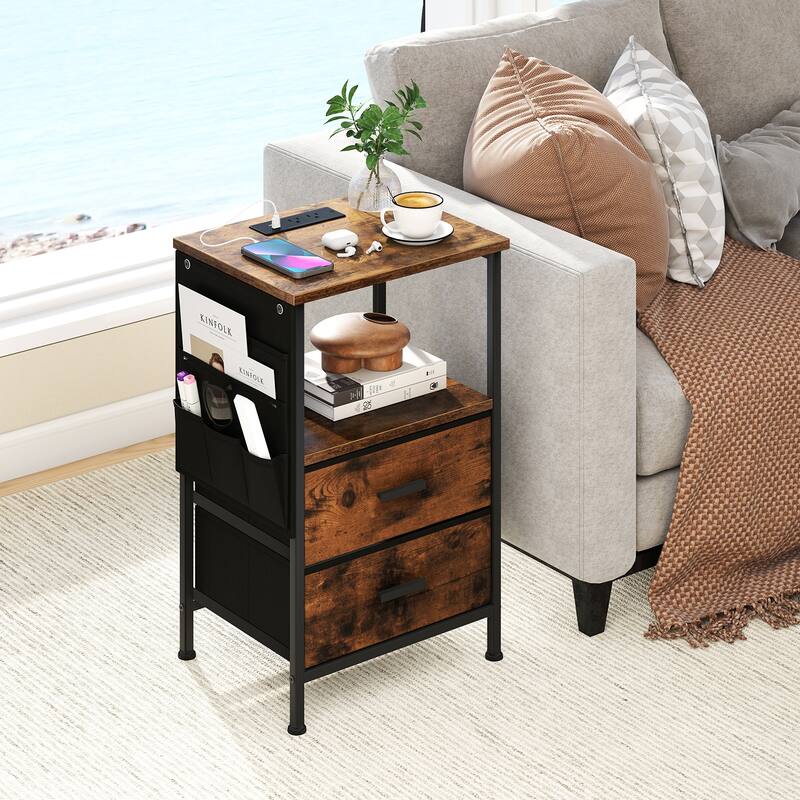 Gymax End Table w/Charging Station 2 Folding Fabric Drawers 6 Side