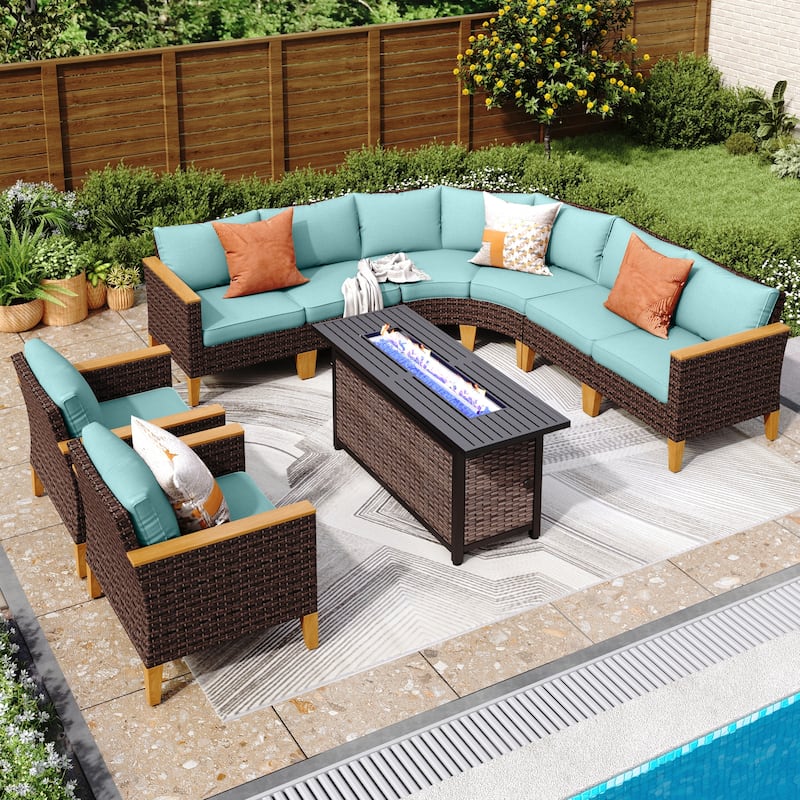 6-11 Piece Patio Outdoor Wicker Sectional Sofa Half-Moon Furniture Set Large Seating Conversation Sets with Fire Pit Table - 8 Seats - Lake Blue