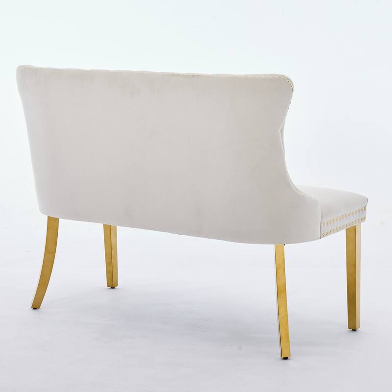 Velvet Double Dining Loveseat Bench, 2-Seat Tufted Bench w/Handmade Buttons, Wing Back, Gold-Plated Steel Legs, Single Pack