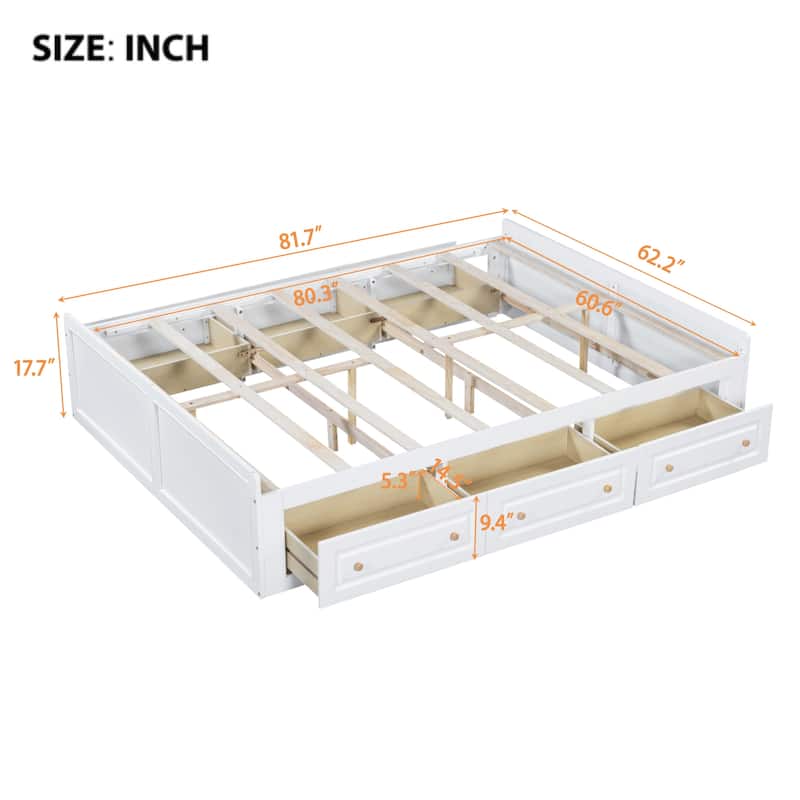Queen Size Solid Wood Platform Bed with 6 Storage Drawers - No Box Spring Needed