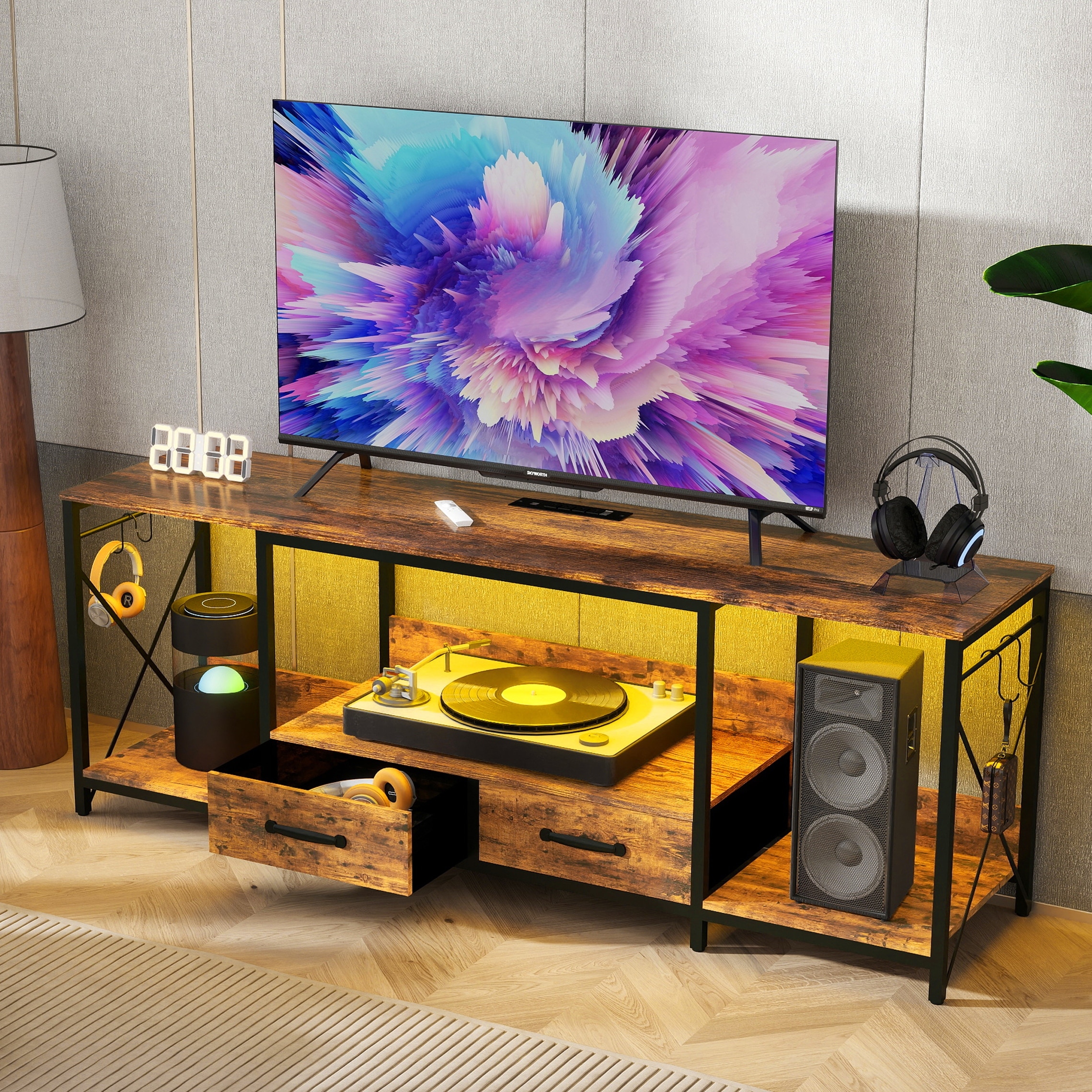 LED Stand TV Stand with LED Lights, Fabric Drawers and Power Outlets