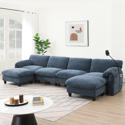 140-Inch Chenille Sectional Sofa with USB and Type-C Charging Ports, Phone Holders, Side Storage Pockets, Movement Ottomans