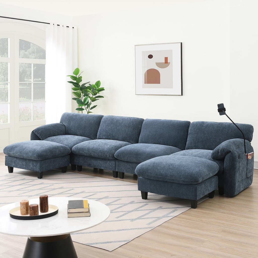 Roomfitters U-Shaped Striped Chenille Sofa with Extra-Wide Seat, USB Type-C Charger, Phone Holder and Ottoman