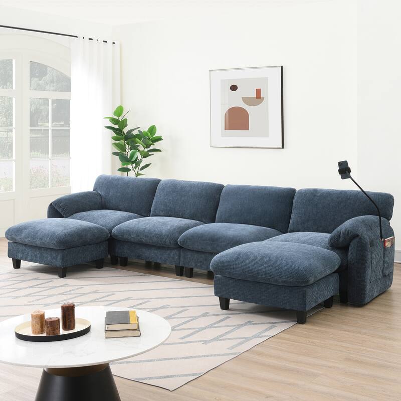 Striped Chenille Modular Sectional Sofa Set with Movable Ottoman, Phone Holder, Dual-Port Charging, 2 Side Storage Pockets - Blue Grey 6 Seat