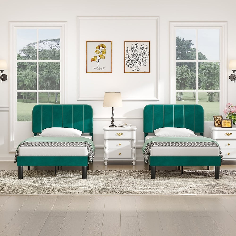 2 Pack Kids Bed Frame Height Adjustable Upholstered Headboard Bed Twin Size Bed Set of 2