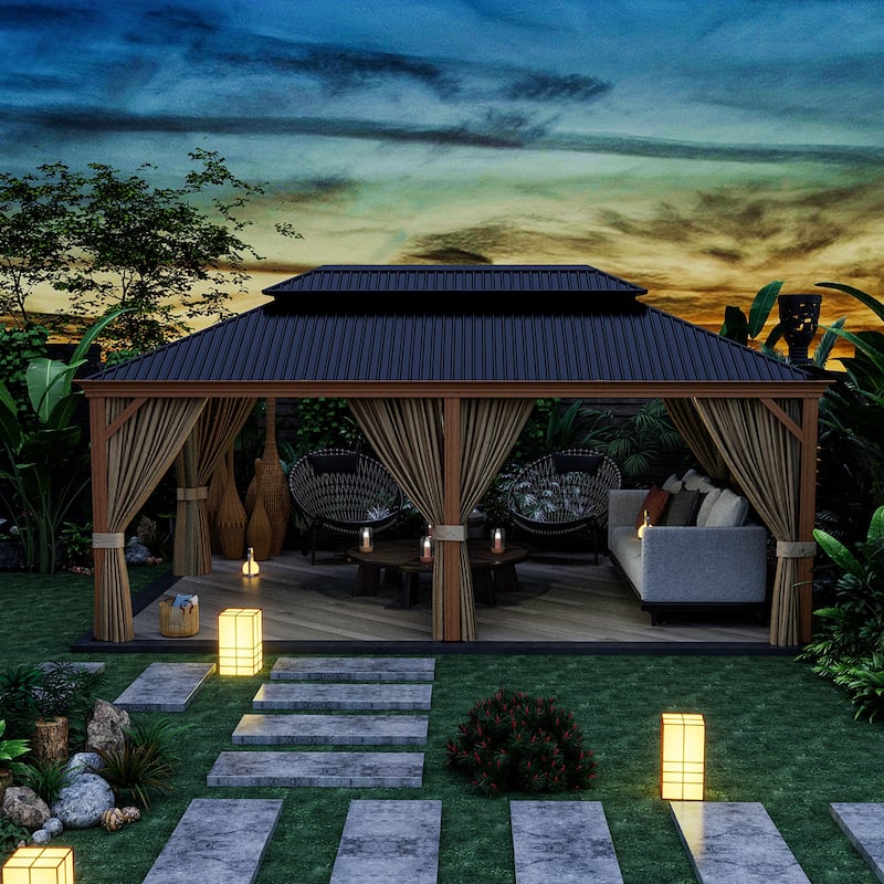 12 ft. x 20 ft. Double Roof Hardtop Aluminum Patio Gazebo with Netting and Curtains - Multi
