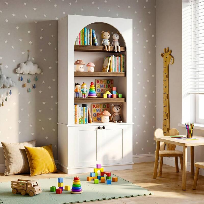 71-Inch Modern Tall Arched Bookcase with Doors for Office, Living Room, Kitchen