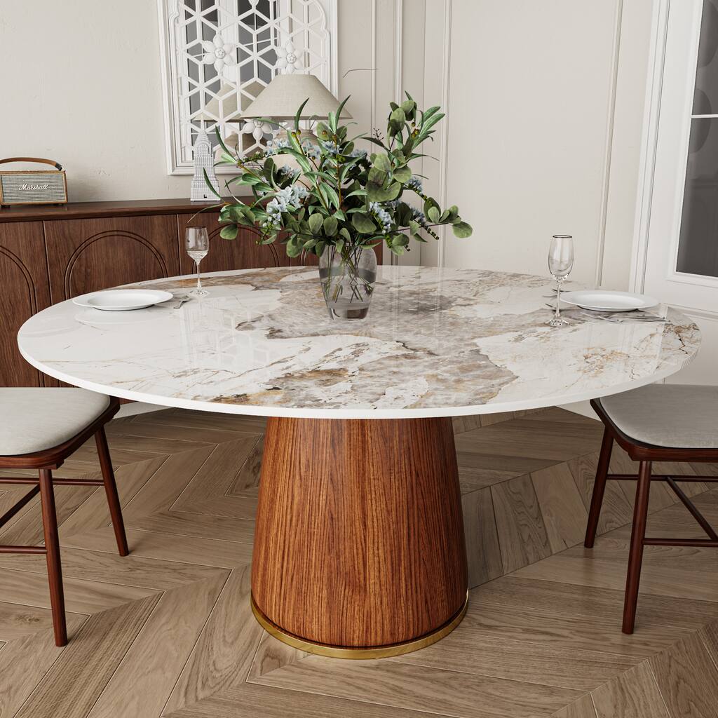 Solid Wood Stone Top Walnut-Paint Base Large Round Dining Table for 4-8 people