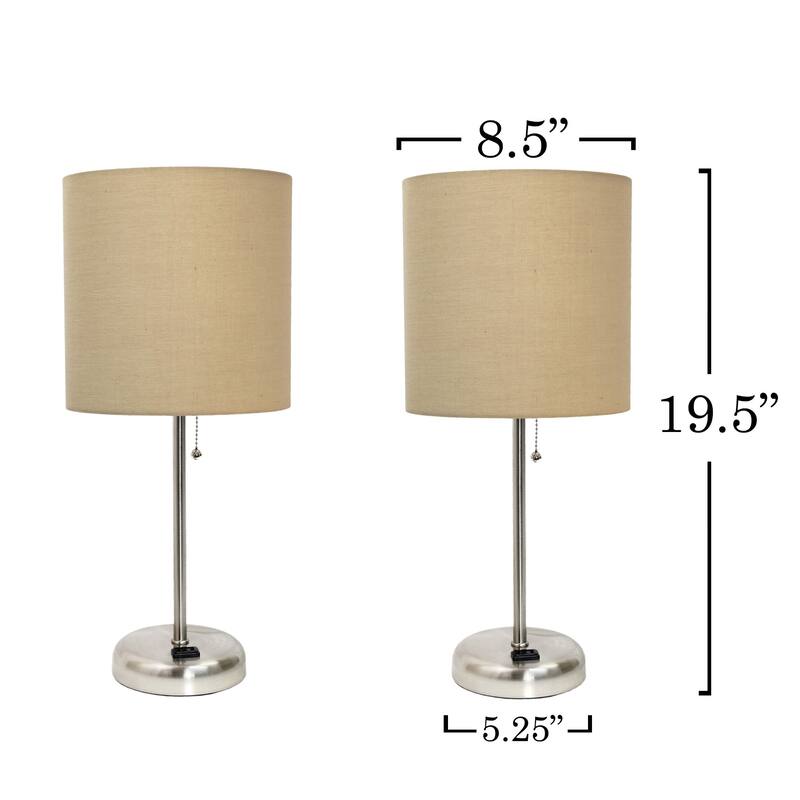 Stick Table Lamps with Drum Shade - 19.5" - Silver and Tan - Set of 2