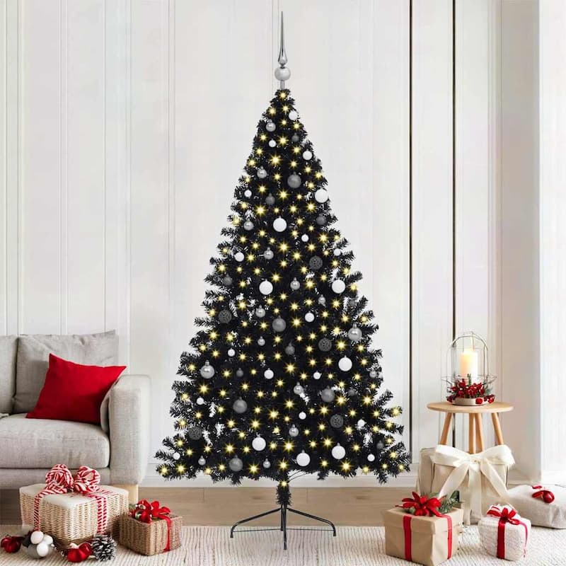 vidaXL Christmas Tree with Decorative String Lights - Black with LEDs and white/grey balls - 7 Foot