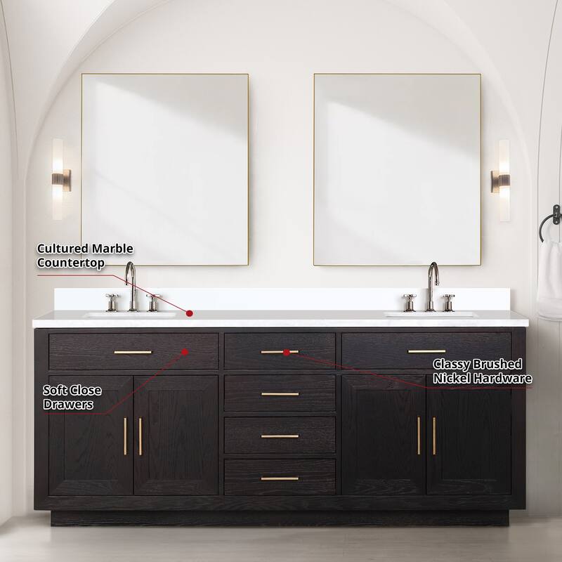 Abbey 60 in W x 22 in D Black Oak Double Bath Vanity, Cultured Marble Top, Faucet Set, and 28 in Mirrors