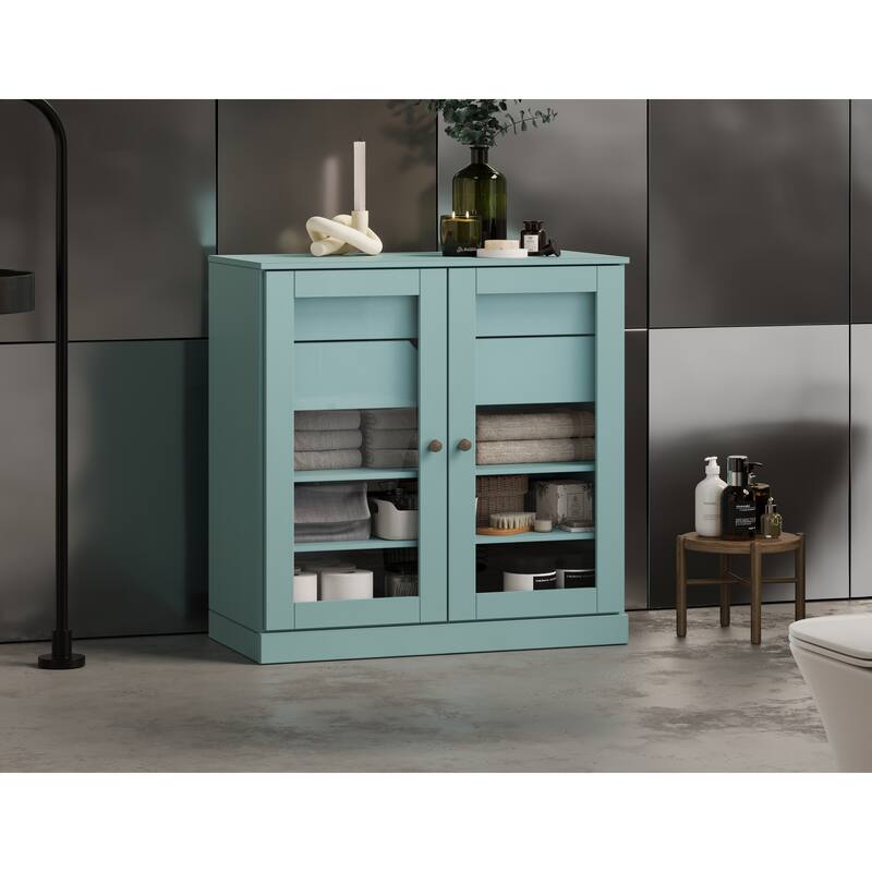 Palace Imports 100% Solid Wood 32" Bathroom Cabinet with Clear Glass Doors, 2-Drawers and Adjustable Shelves - Aqua Blue