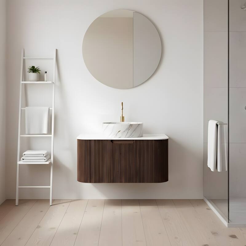 Floating Bathroom with Round Ceramic Basin and Storage Drawer