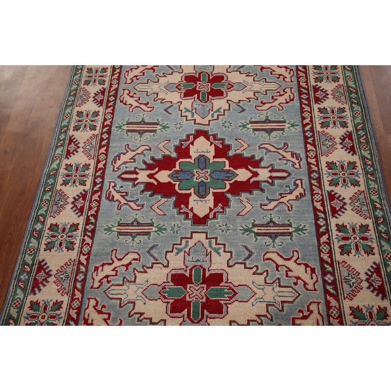 Light Blue Oriental Kazak Area Rug Handmade Wool Carpet - 4'0" x 5'11"