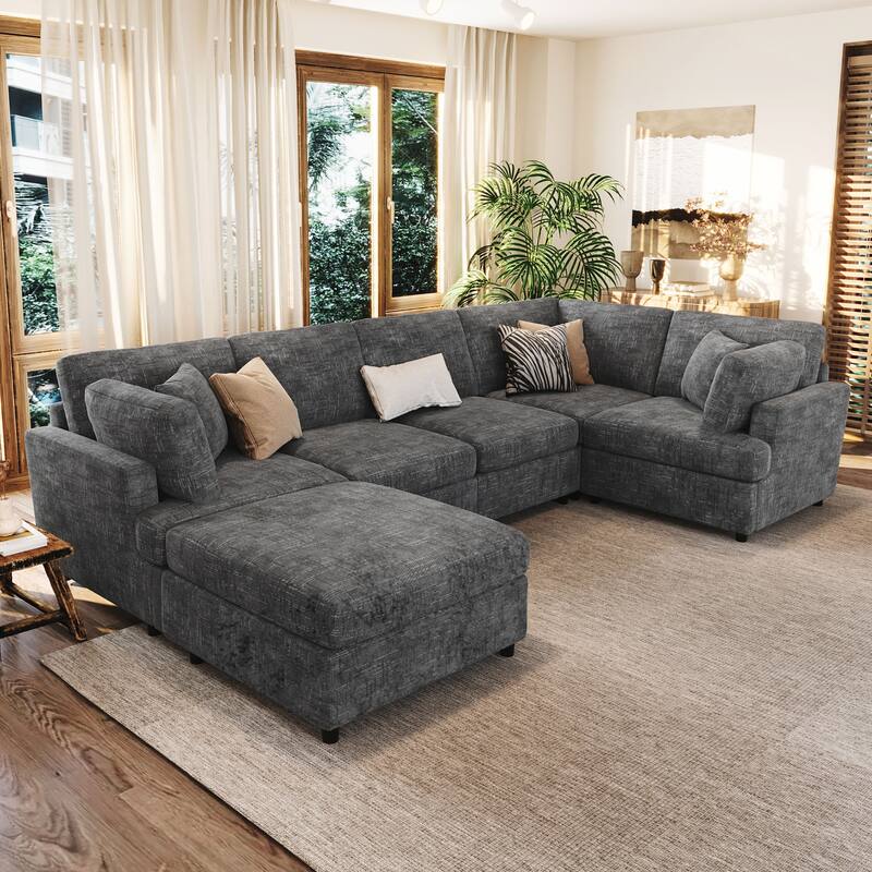 U-Shaped Sectional Sofa Convertible Modular Corner Couch with Movable Ottoman, Chenille Fabric Sofa Set