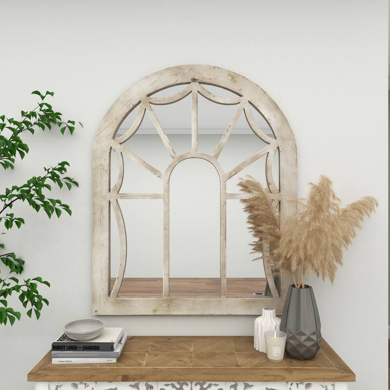 Wood Window Pane Inspired Room Wall Mirror with Arched Top - Cream - Roche River Decor