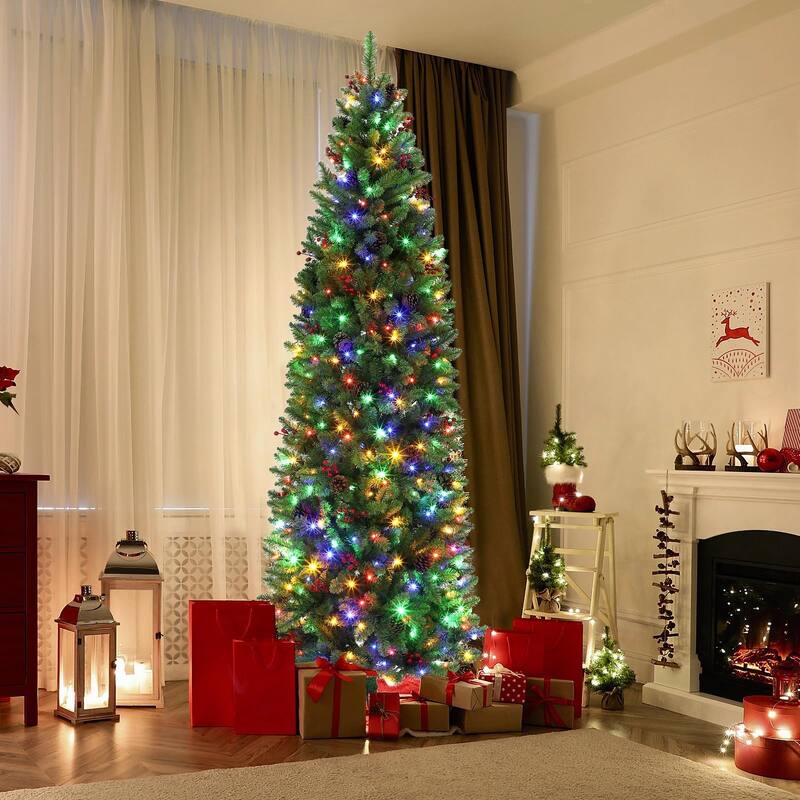 6 FT Pre-Lit Pencil Christmas Tree, Artificial Christmas Tree with 200 Multicolor Led Lights, 8 Lighting Modes - 7.5FT