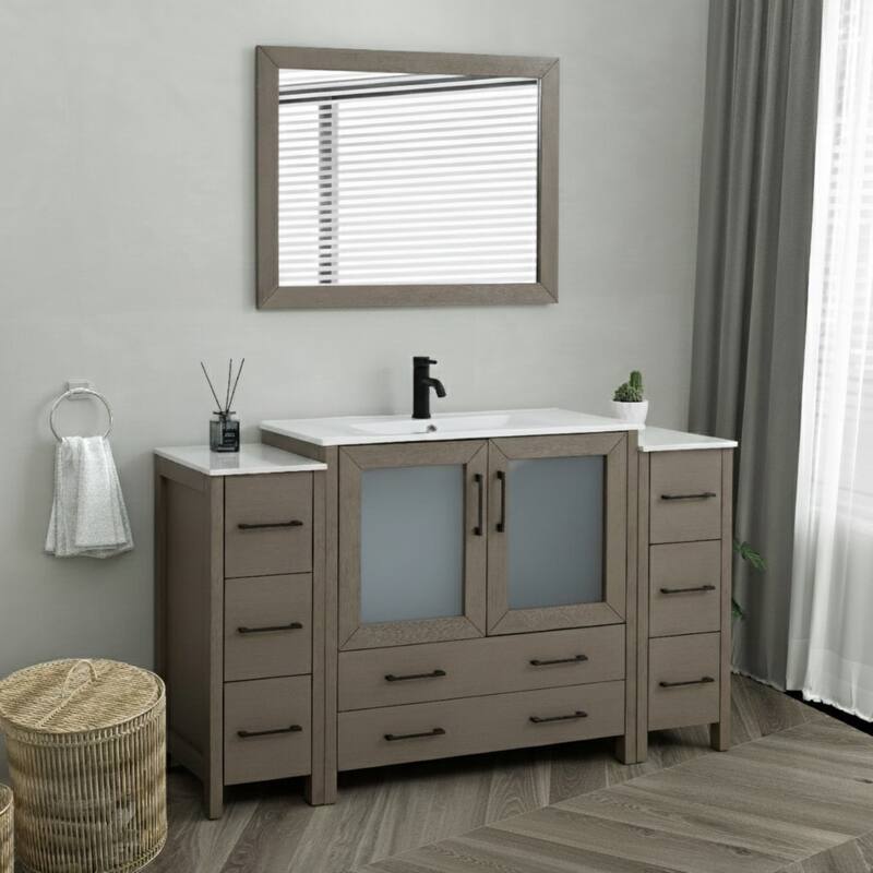 Vanity Art 60-Inch Single Sink Bathroom Vanity Set 8 Dove-Tailed Drawers 3 Cabinets 1 Shelf Soft-Closing Doors with Free Mirror