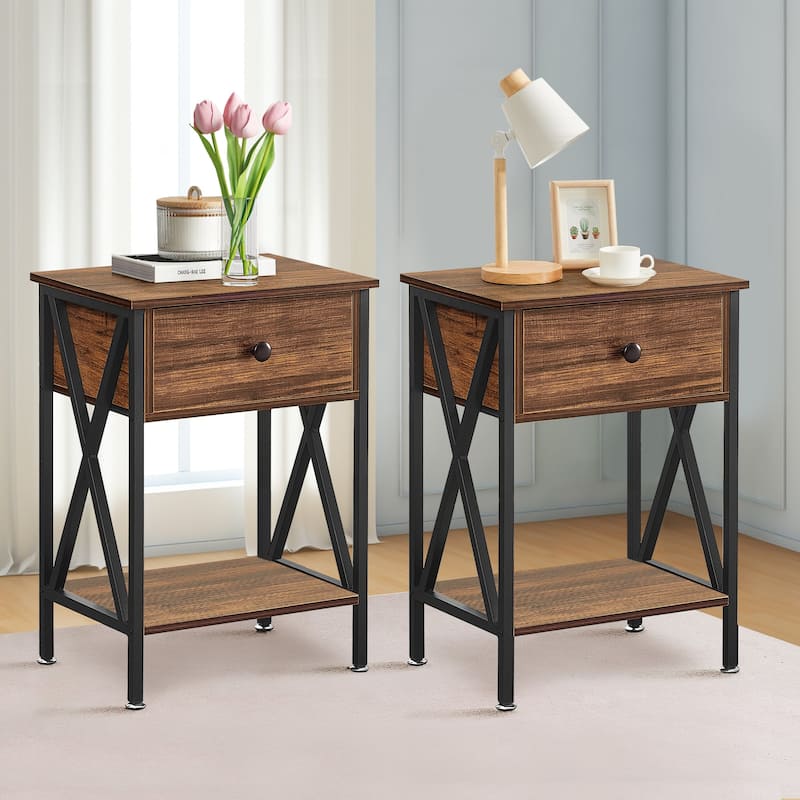 Modern 1-Drawert Nightstands X-Design with Storage Shelf, Set of 2 Nightstands - Brown