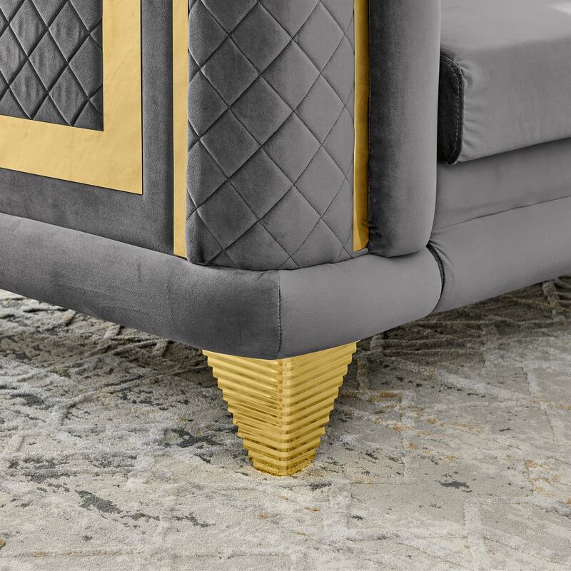 69 Inches Gray Velvet Loveseat with Gold Stainless Steel Trims and Embroidered Texture