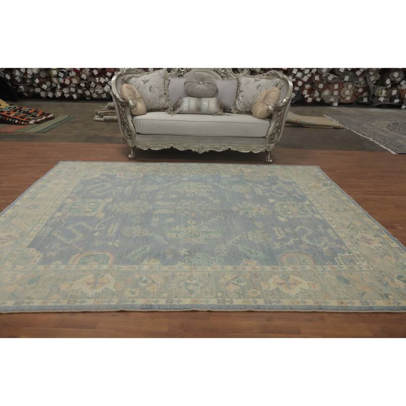 Vegetable Dye Blue Wool Oushak Turkish Area Rug, Floral Geometric Carpet - 9' 11'' X 8' 0''