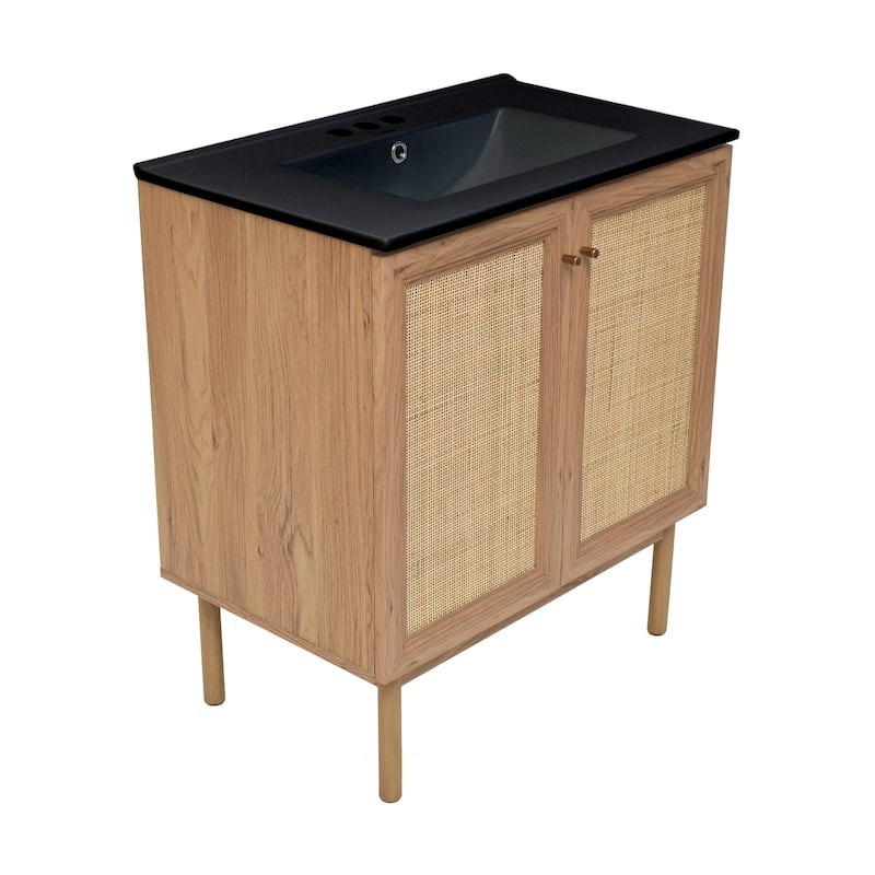 Classe 30 In. Brown Oak Bathroom Vanity With Black, 3-Hole Ceramic Sink Top
