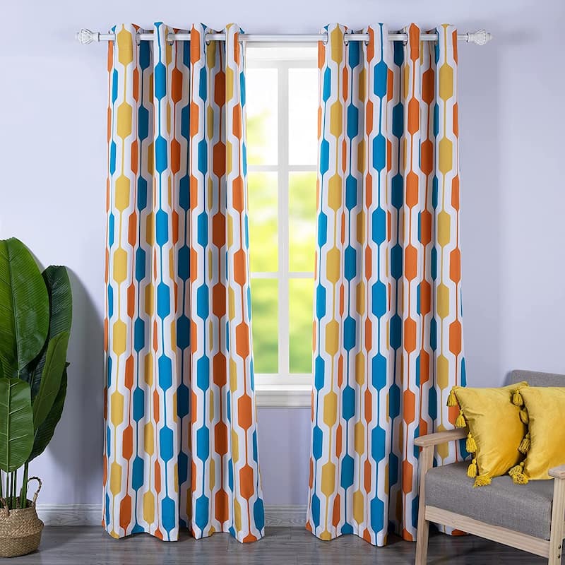 DriftAway Riley Geo Pattern Mid Century Lined Blackout Grommet Window Curtain Panel Pair - 52" Width X 84 " Length - Teal Gold Orange