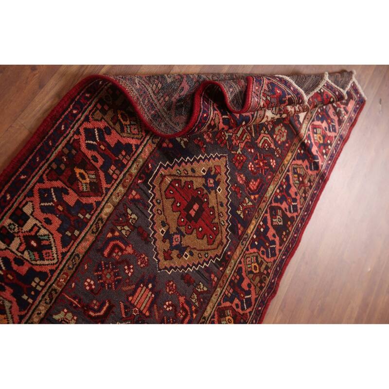 Hand Knotted Oriental 100% Wool Carpet Traditional Tribal Navy Blue & Blues Hamedan Runner Rug - 10' 9'' X 3' 6''