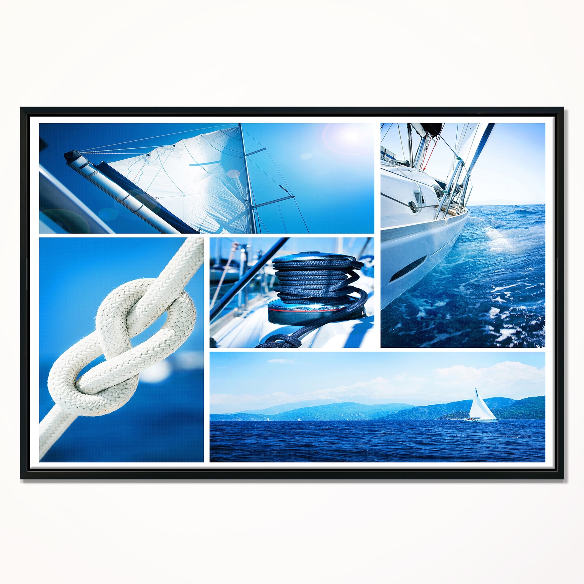 Designart Sailing Yacht In Blue Sea Collage Large Seashore Framed Canvas Wall Art Overstock 18959706