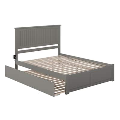 King Platform Bed with Trundle, Solid Wood Frame, Grey Finish - Includes Charger