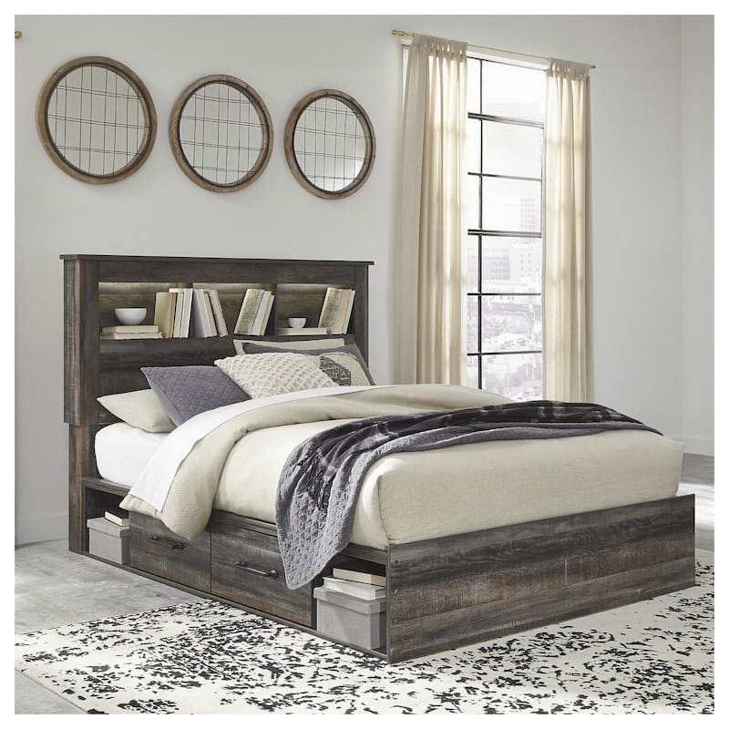 Drystan Rustic Brown Bookcase Bed with 2 Under Bed Storage Drawers - Queen
