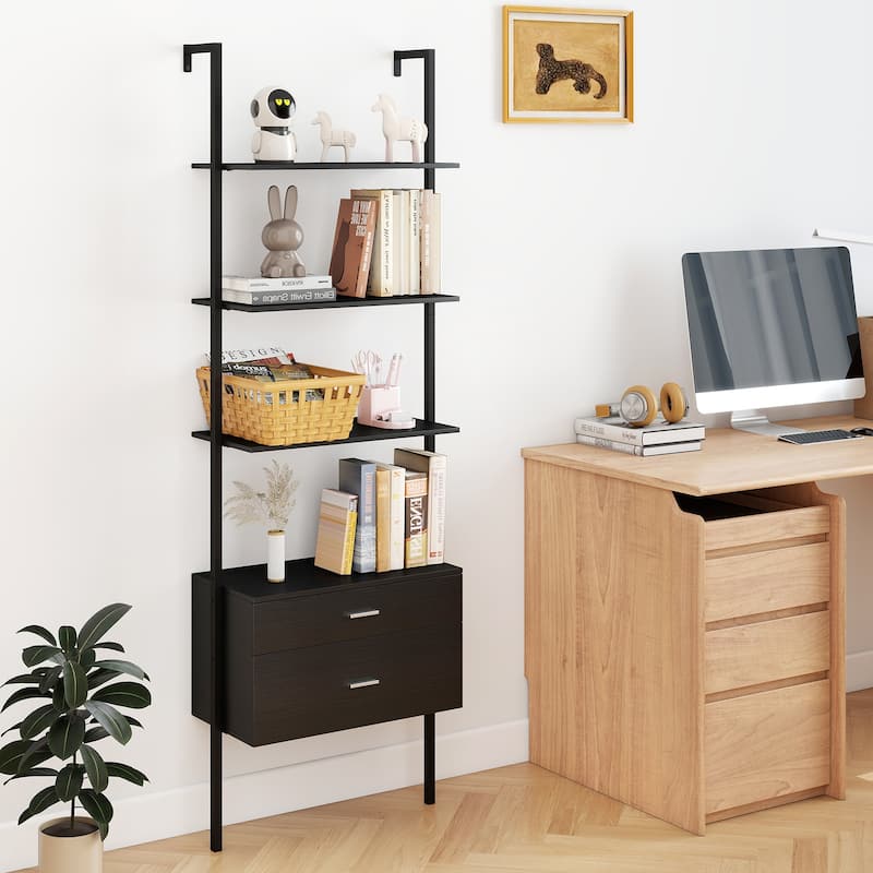 Black Engineered Wood Ladder Bookcase with Metal Frame and Drawers - 23.5" x 12" x 72.5"