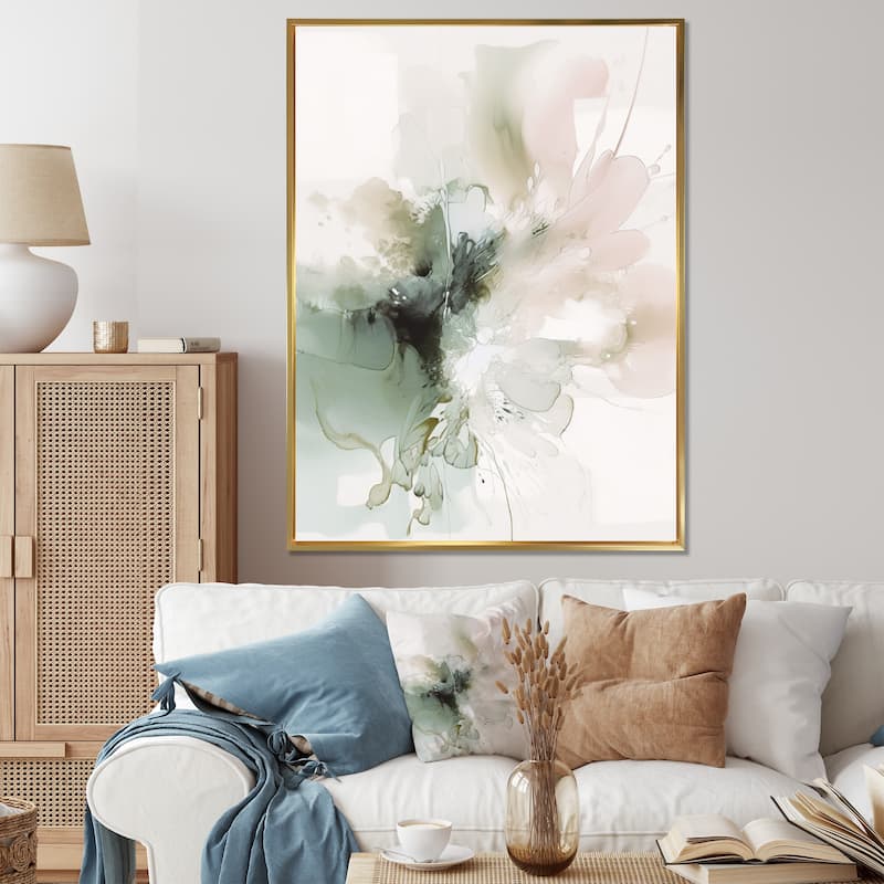 Designart "Green And Cream Essence Of Modernity I" Abstract Framed Canvas Wall Art - 34 in. wide x 44 in. high - Gold