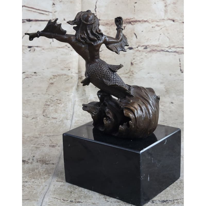 Signed Poseidon God Of Sea Bronze Bookend Book End Sculpture Marble Base Statue